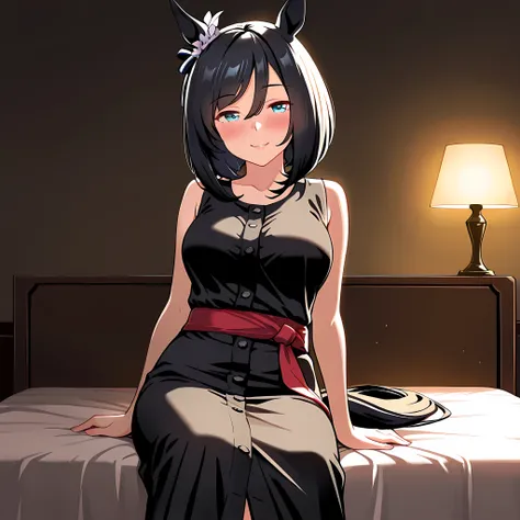 1girl, solo, sitting on bed, naughty face, seductive smile, blushing:0.8, facing viewer, 

BREAK
eishin flash \(umamusume\), horse ears, horse tail, bob cut,  bare arms, (casual sleeveless black dress:1.5), simple red sash,single ear ornament, 

BREAK
nsfw...