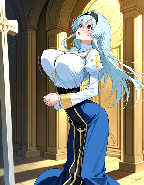 score_9, score_8_up, fantasy, source_anime, BREAK, holy temple, (1 skinny priest standing), praying hands under breasts, arched back, (bouncing huge breasts), (perky breasts), BREAK, narrow waist, skinny legs, long skirt, large eyes, orgasm