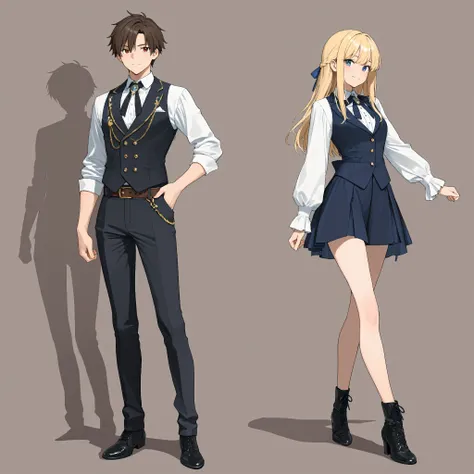 To create a masculine version of this clothing, we could consider the following elements:

1. **Cores e Estilo**: Keep the blue and gold color palette to preserve the original aesthetic. The silhouette can be more adjusted to the male body.

2. **Corte**: ...