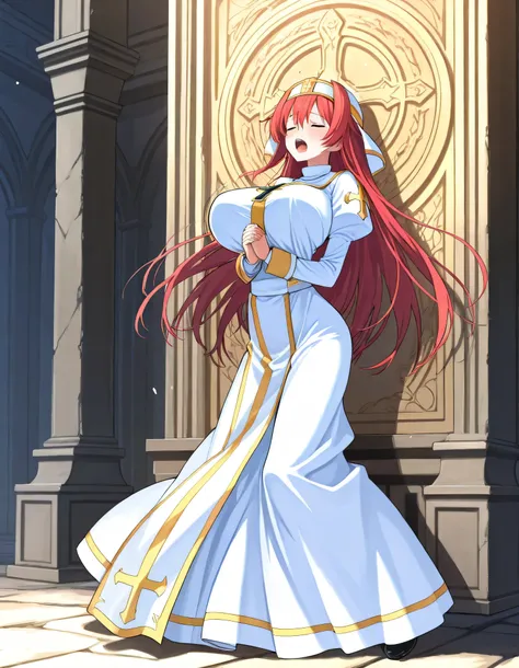 score_9, score_8_up, fantasy, source_anime, BREAK, holy temple, (1 skinny priest standing), praying hands under breasts, arched back, (bouncing huge breasts), (perky breasts), BREAK, narrow waist, skinny legs, long skirt, orgasm