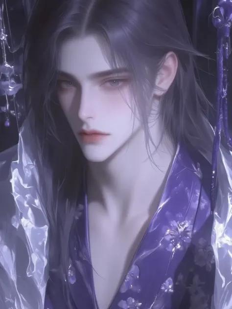 a handsome man with long hair antique black hair,a handsome man with long hair, an ancient brunette in a fairy-looking white Hanfu, traditional Chinese clothing , Double eyelids,Japanese Manga Style,purple kimono