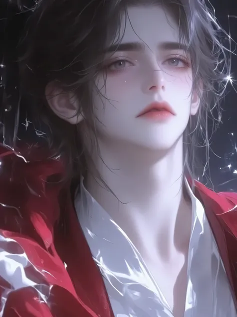 a handsome man with long hair antique black hair,a handsome man with long hair, an ancient brunette in a fairy-looking white Hanfu, traditional Chinese clothing , Double eyelids,Japanese Manga Style, red kimono