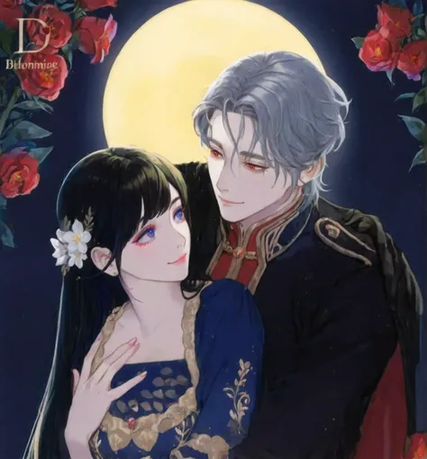 The man has silver hair and red eyes wears a royal or military-style black and red outfit with gold details, giving him a noble or princely appearance. He gazes tenderly at the woman.
The woman has long, dark hair adorned with white flowers and blue eyes ...