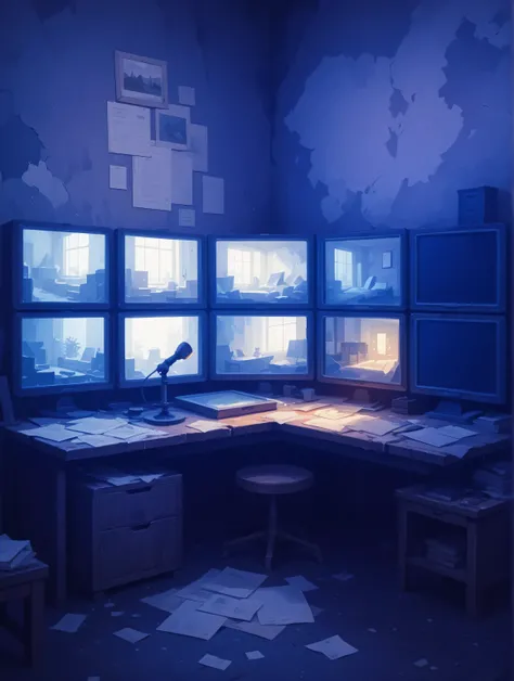 art like Studio Ghibli masterpiece, best quality, ultra - detailed, illustration, anime aesthetic, cgsociety, fantasy art, artstation hd, cgsociety, aestheticism, aesthetic, masterpiece, texture beautiful illustration, Abandoned room, security room, ruin,