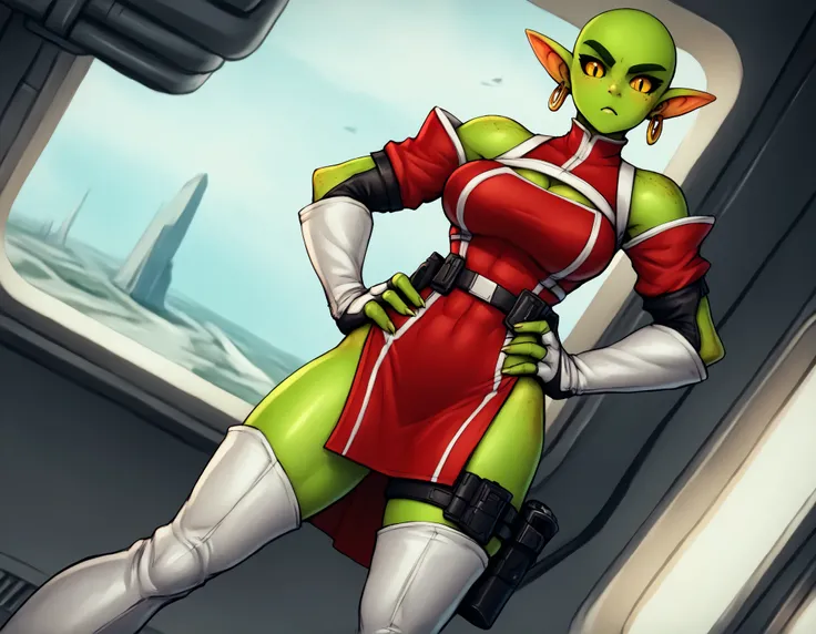(((Solo))), score_9,score_8_up,score_7_up, alien girl, monster girl, slit pupils, yellow pupils, black sclera, green skin, pointy ears, bald, hourglass figure, (((1girl))), medium breasts, athletic, (((red sci-fi uniform with white accents))), (((red unifo...