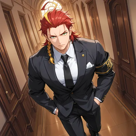 (high side angle, medium close-up), ((anime skin texture, 1man walking with hands in pockets, perfectly detailed scenery, best image quality, full HD, perfectly detailed appearance, perfectly detailed eyes, 1man, man in a luxurious mansion, man standing sh...