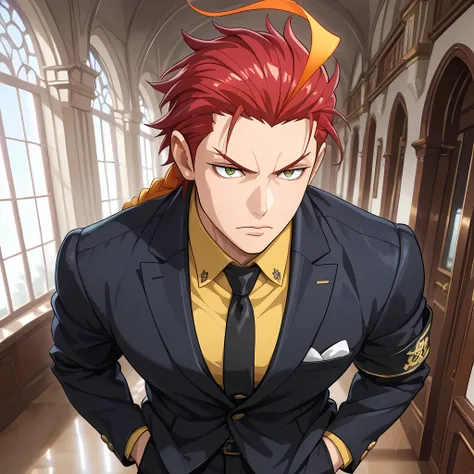 (high side angle, medium close-up), ((anime skin texture, 1man walking with hands in pockets, perfectly detailed scenery, best image quality, full HD, perfectly detailed appearance, perfectly detailed eyes, 1man, man in a luxurious mansion, man standing sh...