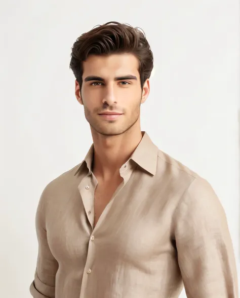 arafed man in a tan shirt posing for a picture, handsome male, handsome and attractive, attractive male, wearing a linen shirt, handsome young man, lean man with light tan skin, handsome man, handsome attractive face, raphael lecoste, background : diego fa...