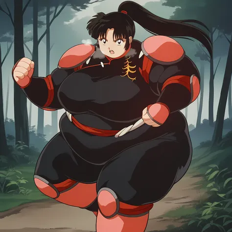 score_9, score_8_up, score_7_up, source_anime,
inuyashasango, 
sango, long hair, black hair, brown eyes, retro artstyle,
ponytail, armor, bodysuit, pilot suit,
outdoors, forest, nature,
looking at viewer, fighting stance, fat, chubby, obese, gigantic arms ...
