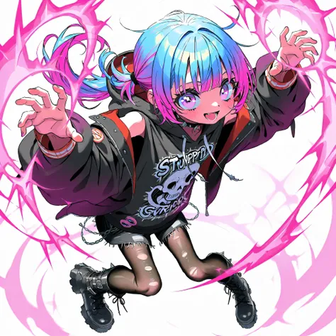 high image quality、High Quality、solo、low ponytail 、 2 color hair、Stupid hair、casual punk attire、thick soled boots、 asymmetric hair 、 full body、black tights、right eye is hidden by bangs、hoodie showing both shoulders、man's daughter、、powerful pose、casual ...