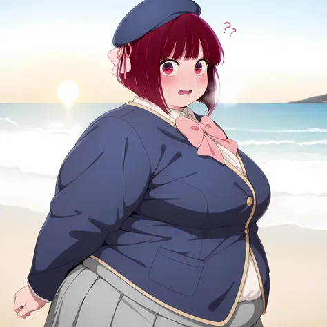 masterpiece, best quality, amazing quality,,  kana arima, short hair, bangs, red eyes, red hair, bob cut, breasts, anime screencap, skirt, long sleeves, hat, bow, school uniform, jacket, pink bow, grey skirt, blue headwear,, beach, sand, waves, sun, ocean,...