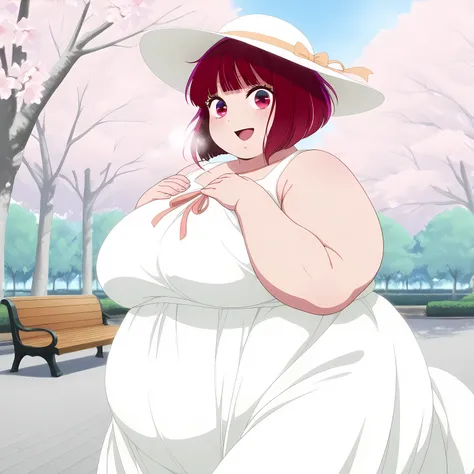masterpiece, best quality, amazing quality,,  kana arima, short hair, bangs, red eyes, red hair, bob cut, breasts, anime screencap, hat, dress, ribbon, sleeveless, white dress, sleeveless dress, white headwear, sun hat, sundress,, park, cherry blossoms, be...
