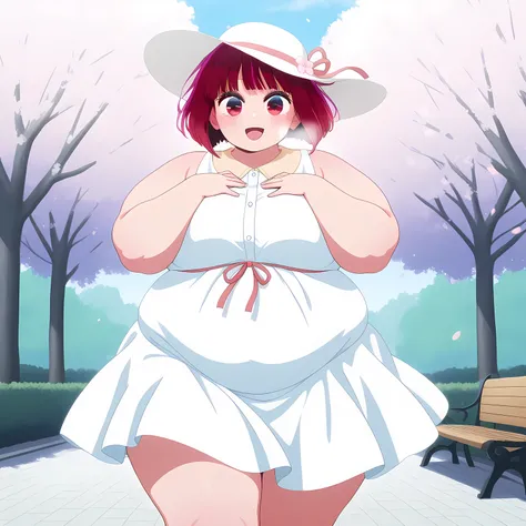 masterpiece, best quality, amazing quality,,  kana arima, short hair, bangs, red eyes, red hair, bob cut, breasts, anime screencap, hat, dress, ribbon, sleeveless, white dress, sleeveless dress, white headwear, sun hat, sundress,, park, cherry blossoms, be...