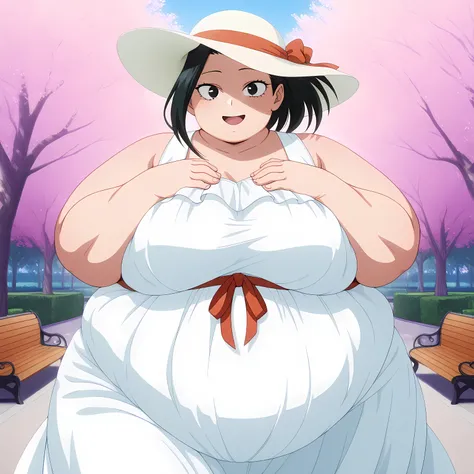 masterpiece, best quality, amazing quality,, Yaoyorozu momo, black hair, ,black eyes,, breasts, anime screencap, hat, dress, ribbon, sleeveless, white dress, sleeveless dress, white headwear, sun hat, sundress,, park, cherry blossoms, bench, gentle breeze...