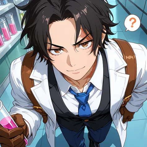 (high side angle, medium close-up), ((anime skin texture, 1 man walking through the laboratory, 1 man holding a test tube with pink liquid, perfectly detailed scenery, best image quality, full HD, perfectly detailed appearance, perfectly detailed eyes, 1 m...