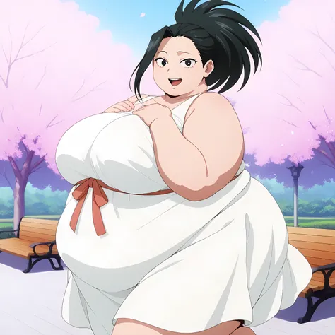 masterpiece, best quality, amazing quality,,  Yaoyorozu momo, black hair, ,black eyes,, breasts, anime screencap,  dress, ribbon, sleeveless, white dress, sleeveless dress, ,, sundress,, park, cherry blossoms, bench, gentle breeze, peaceful, running, open ...
