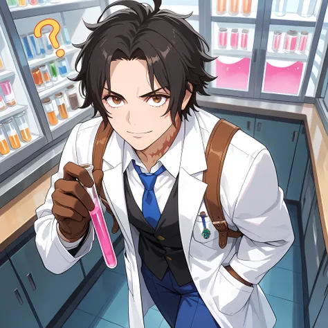 (high side angle), ((anime skin texture, 1 man walking through the laboratory, 1 man holding a test tube with pink liquid, perfectly detailed scenery, best image quality, full HD, perfectly detailed appearance, perfectly detailed eyes, 1 man, solo, Portgas...