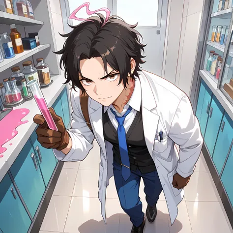 (high side angle), ((anime skin texture, 1 man walking through the laboratory, 1 man holding a test tube with pink liquid, perfectly detailed scenery, best image quality, full HD, perfectly detailed appearance, perfectly detailed eyes, 1 man, solo, Portgas...