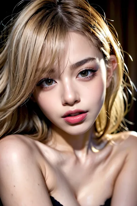 in a dim lit dark bedroom, late at night, a cute gir, lying down on the bed, sleeping, the head is pointing straight down, closed eyes, kiss-face, with a happy smile, hugging own body at chest level, wearing nothing, undressing, exposed skin, shiny white a...