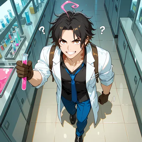 (high side angle), ((anime skin texture, 1 man walking through the laboratory, smile with teeth sample, man talking with some scientists in the laboratory, people of different ethnicities, 1 man holding a test tube with pink liquid, perfectly detailed scen...