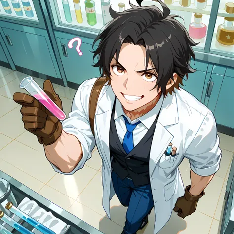 (high side angle), ((anime skin texture, 1 man walking through the laboratory, smile with teeth sample, man talking with some scientists in the laboratory, people of different ethnicities, 1 man holding a test tube with pink liquid, perfectly detailed scen...