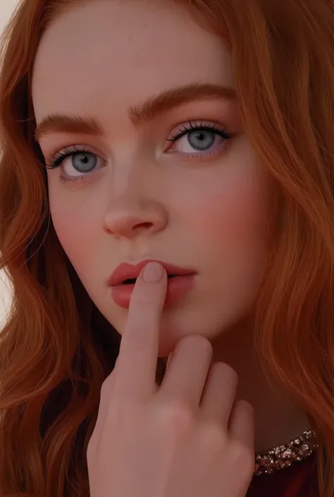 sadie sink looking at the viewer, mouth is open as she gasps seductively trying to entice the viewer, horny and inviting eyes, finger on lip