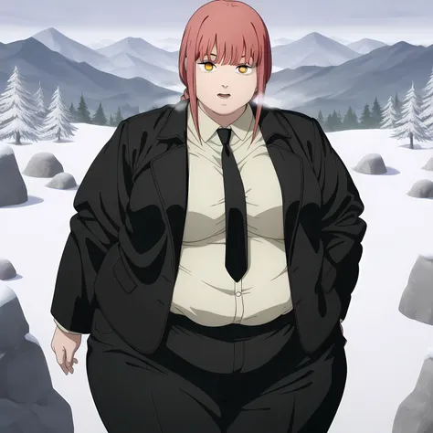 masterpiece, best quality, amazing quality,,  makima, makima (chainsaw man), long hair, bangs, yellow eyes, braid, red hair, braided ponytail, ringed eyes, mature female, medium breasts, anime screencap, shirt, long sleeves, jacket, white shirt, necktie, c...