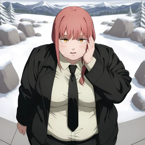 masterpiece, best quality, amazing quality,, makima, makima (chainsaw man), long hair, bangs, yellow eyes, braid, red hair, braided ponytail, ringed eyes, mature female, medium breasts, anime screencap, shirt, long sleeves, jacket, white shirt, necktie, c...