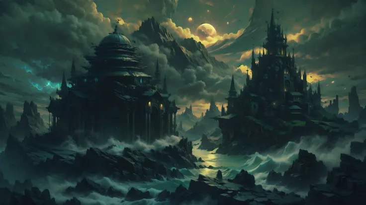 Aerial photo、 Dragon Quest、temple, thunderstorm, fantasy,