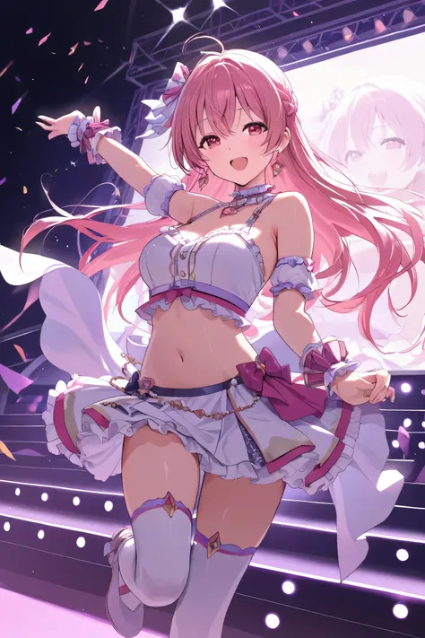A beautiful idol girl dancing happily on an indoor stage.