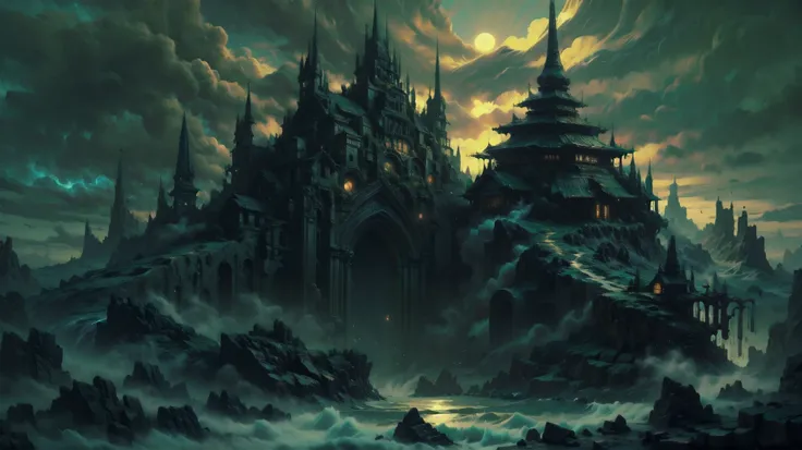 Aerial photo、 Dragon Quest、temple, thunderstorm, fantasy,
