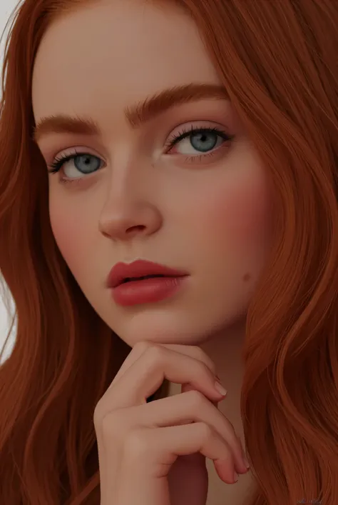 sadie sink looking at the viewer, mouth is open as she gasps seductively trying to entice the viewer, horny and inviting eyes, finger on lip