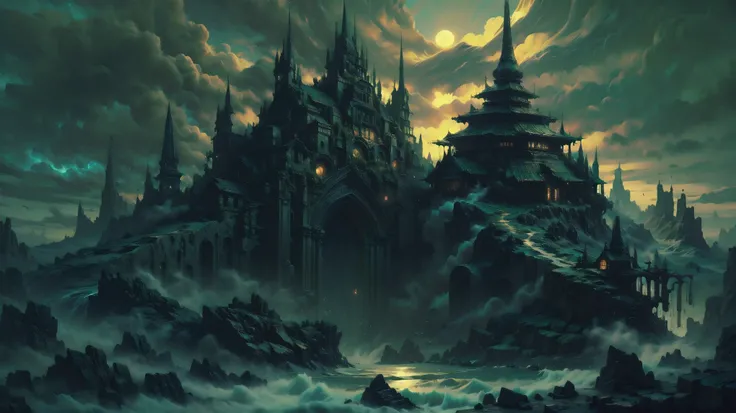 Aerial photo、 Dragon Quest、temple, thunderstorm, fantasy,