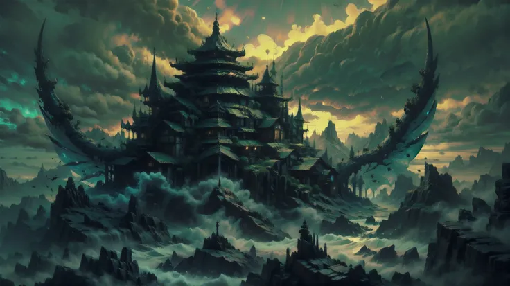 Aerial photo、 Dragon Quest、temple, thunderstorm, fantasy,