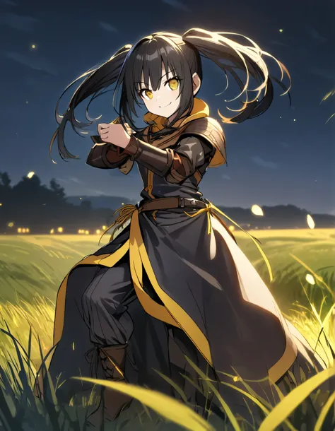 1girl, black adventurer clothes with yellow details, yellow eyes, clock eyes, black hair, pigtails, combat pose, kurumi face, smile, full body, medieval, at night, grasslands, at night, yellow details in the clothes