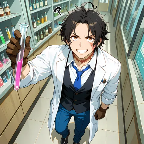 (high front angle), ((anime skin texture, 1 man walking through the laboratory, smile with teeth sample, man talking with some scientists in the laboratory, people of different ethnicities, 1 man holding a test tube with pink liquid, perfectly detailed sce...