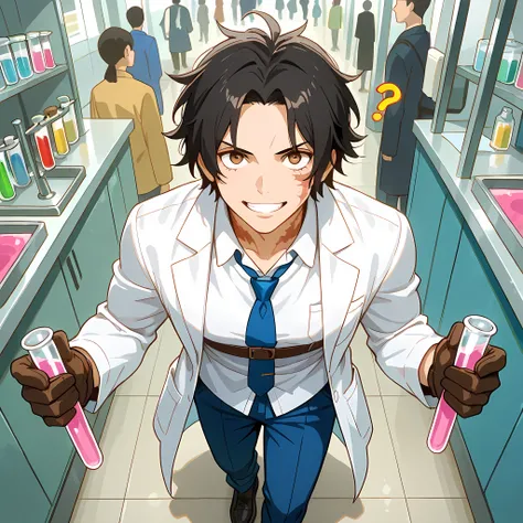(high front angle), ((anime skin texture, 1 man walking through the laboratory, smile with teeth sample, man talking with some scientists in the laboratory, people of different ethnicities, 1 man holding a test tube with pink liquid, perfectly detailed sce...