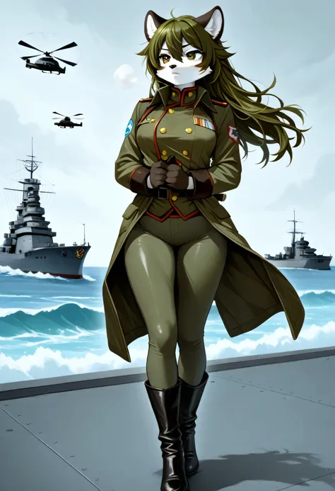 Nicole in a high-collar dark green military coat with golden buttons stretched over her chest, tight pants tucked into black boots, furry hands holding gloves behind her back; standing on a warship deck with wind blowing her hair, stormy ocean and helicopt...