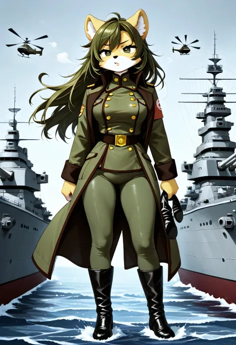 Nicole in a high-collar dark green military coat with golden buttons stretched over her chest, tight pants tucked into black boots, furry hands holding gloves behind her back; standing on a warship deck with wind blowing her hair, stormy ocean and helicopt...