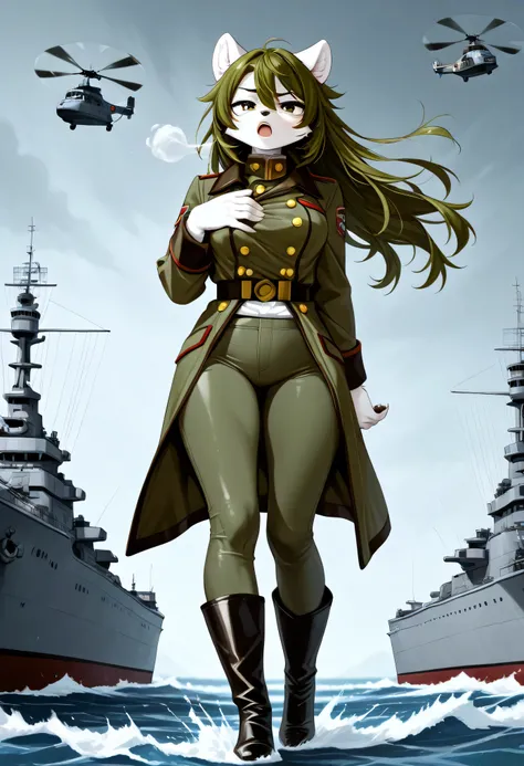 Nicole in a high-collar dark green military coat with golden buttons stretched over her chest, tight pants tucked into black boots, furry hands holding gloves behind her back; standing on a warship deck with wind blowing her hair, stormy ocean and helicopt...