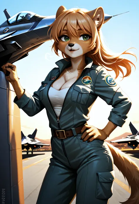 Nicole Watterson in a modern pilot jumpsuit unzipped slightly to reveal cleavage, belt and patches visible, furry hand resting on her hip, standing next to a futuristic fighter jet on an airfield at dusk — wind blowing her hair, warm glow on metal and fur,...