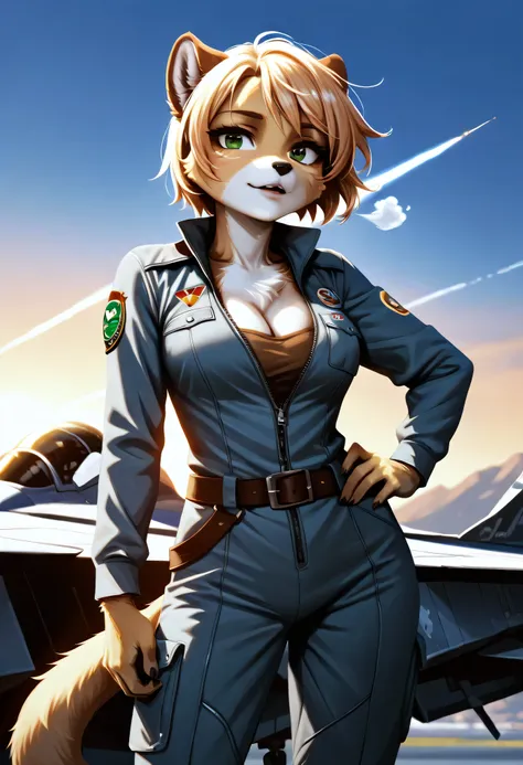 Nicole Watterson in a modern pilot jumpsuit unzipped slightly to reveal cleavage, belt and patches visible, furry hand resting on her hip, standing next to a futuristic fighter jet on an airfield at dusk — wind blowing her hair, warm glow on metal and fur,...