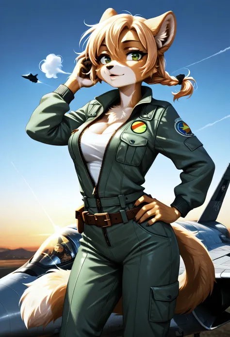 Nicole Watterson in a modern pilot jumpsuit unzipped slightly to reveal cleavage, belt and patches visible, furry hand resting on her hip, standing next to a futuristic fighter jet on an airfield at dusk — wind blowing her hair, warm glow on metal and fur,...