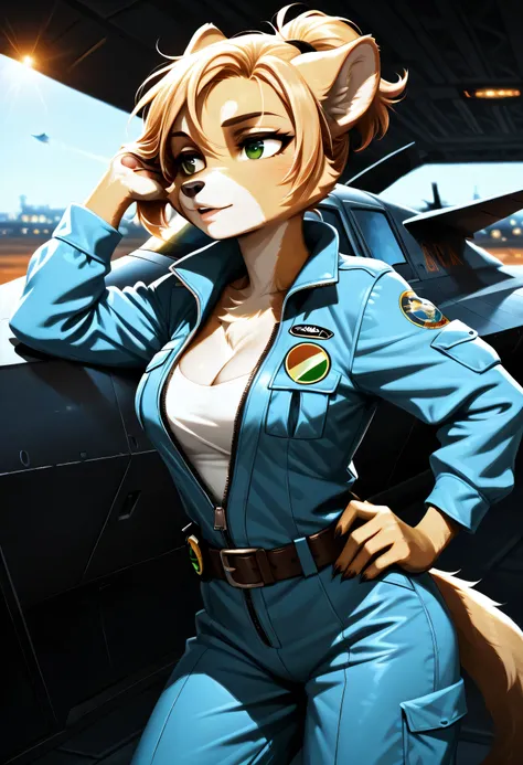 Nicole Watterson in a modern pilot jumpsuit unzipped slightly to reveal cleavage, belt and patches visible, furry hand resting on her hip, standing next to a futuristic fighter jet on an airfield at dusk — wind blowing her hair, warm glow on metal and fur,...