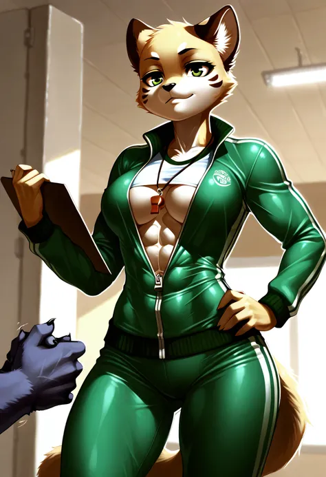 Nicole in a tight athletic tracksuit unzipped halfway down her chest, exposing cleavage and toned abs; whistle around her neck, furry hand holding a clipboard, other hand on hip; gym background with equipment, early morning light casting soft glows — energ...