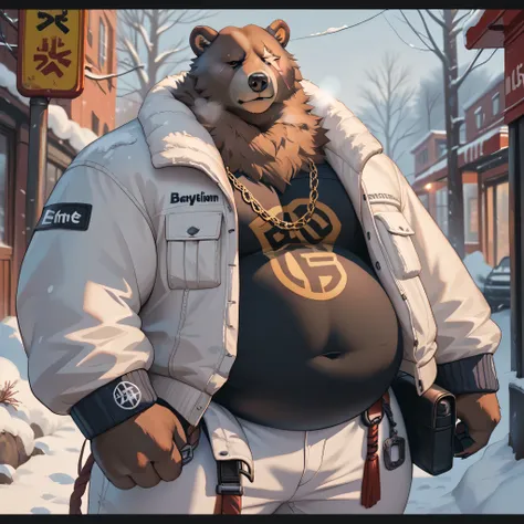 realistic, realistic fur, photorealistic, detailed fur, detailed eyes, detailed, animal, anthro, furry,  BenBigger, facial scar, obese, huge belly, pose, posing, sexy pose, pinup, chain necklace, white jacket, black shirt, white pants, winter, standing in ...