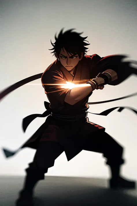 Create a dramatic scene featuring a lone man samurai in a dynamic pose, wielding two katanas. The samurai is silhouetted against a stark white background, with a reflective surface beneath them that captures their shadow. Emphasize the tension and grace of...