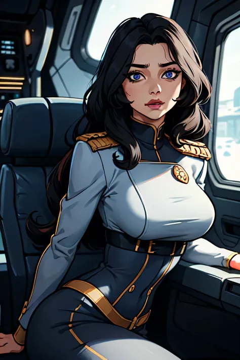 contornos delicados, realistic:1.2, Interior of a starship, science fiction, mulher muito alta, corpo inteiro, Sozinha, Abundant black hair, cabelo longo, olhos azuis, white military uniform, peito grande, cintura fina, quadris largos, fundo detalhado, ros...