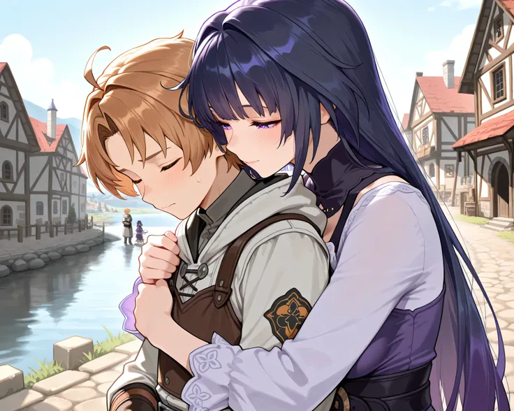 Love couple, older woman with younger man, Rudeus Greyrat and Raiden Mei, medieval town and river, hugging each other, masterpiece, best quality, High resolution