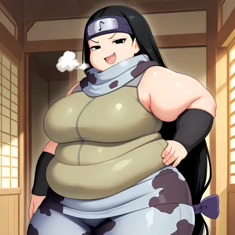 masterpiece, best quality, Tsch, 1girl, black hair, low-tied long hair, black eyes, purple bow, forehead protector, green vest, grey scarf, arm warmers, camouflage pants, camouflage skirt, looking at viewer, hand on own hip, smug,   fat, chubby, obese, gig...